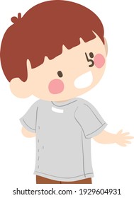 Illustration of a Kid Boy Looking at His Back and Seeing Shirt Tag, Shirt on Backwards