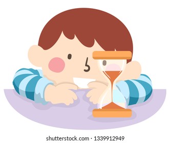 Illustration of a Kid Boy Looking at an Hour Glass