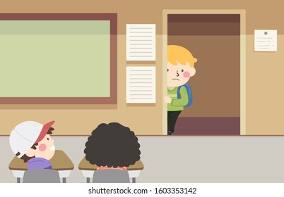 Illustration of a Kid Boy Looking Shyly by the Classroom Door and Finding His Classmates