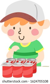 Illustration of a Kid Boy Looking at a Six Pack of Cans as Sample of Container Quantities