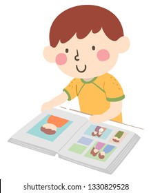 Illustration of a Kid Boy Looking through an Album Full of Pictures