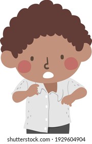 Illustration of a Kid Boy Looking at Wrongly Buttoned Shirt