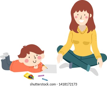 Illustration of a Kid Boy Lying Down the Floor and Drawing His Mother with Her Sitting as His Model