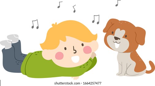 Illustration of a Kid Boy Lying Flat Singing In Front of His Pet Dog with Floating Musical Notes