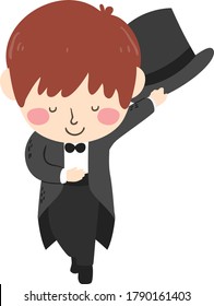 Illustration of a Kid Boy Magician Bowing Down with Hat Removed After His Show