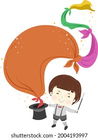 Illustration of a Kid Boy Magician Holding Hat and Stick with Tied Cloth Coming Out