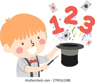 Illustration of a Kid Boy Magician Using Hat and Wand with 123, Cards and Confetti