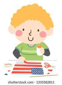 Illustration of a Kid Boy Making an American Flag on Flag Day, Holding Glue and Strip of Red Paper