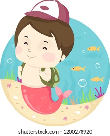 Illustration of a Kid Boy Merman with Backpack Going to School