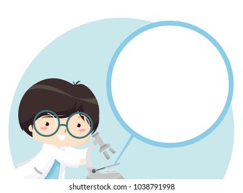 Ilustración de un niño con un microscopio con un área ampliada en blanco de su muestra