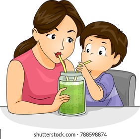 Illustration of a Kid Boy with Mom Drinking Green Smoothie in Mason Jar with Straw