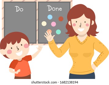 Illustration Of A Kid Boy And Mother Smiling With Their Chore Chart Showing They Are Done