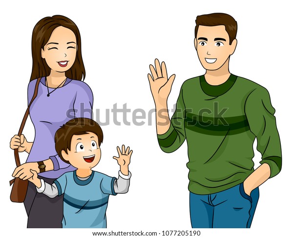 父親にバイバイを振る母親と子どもの少年のイラスト」のベクター画像 