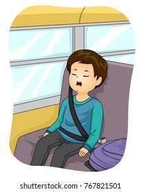 Illustration Of A Kid Boy With Mouth Open Sleeping, Sitting In The School Bus