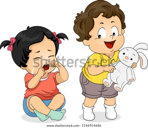 泣く子どもの女の子にバニーおもちゃを分け与えない少年のイラスト のベクター画像素材 ロイヤリティフリー