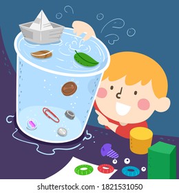 Illustration of a Kid Boy Observing Different Objects Interact with Water from Floating to Sinking