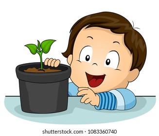 Illustration of a Kid Boy Observing a Potted Plant for Science Class