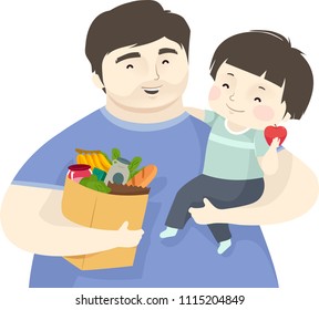 Illustration of a Kid Boy on the Arm of His Father Carrying a Bag Full of Groceries