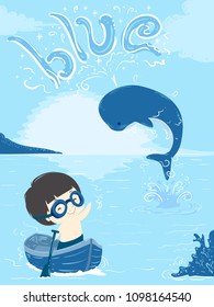 Illustration of a Kid Boy on a Blue Boat Waving at a Whale with a Blue Lettering