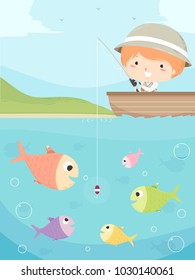 Illustration of a Kid Boy On a Boat Fishing and Several Fishes Attracted to the Bait Underwater