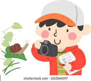 Illustration of a Kid Boy on a Spring Photo Hunt Taking Picture of a Snail and Holding a Checklist