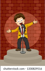 Illustration of a Kid Boy on Stage Performing a Stand Up Comedy with Spotlight on Him