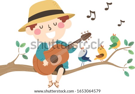 Illustration of a Kid Boy on a Tree Branch Playing the Guitar with Birds Singing in Spring