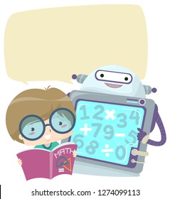 Illustration of a Kid Boy with an Open Math Book and Robot with Blank Speech Bubble