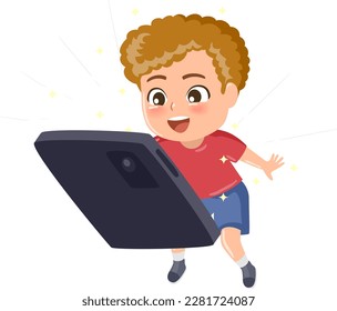 ilustración de un niño abrir un teléfono inteligente fantasía brillante