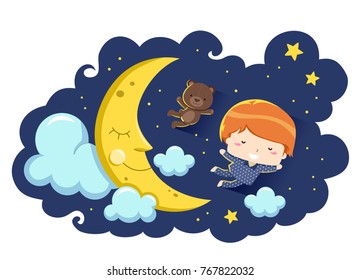 Illustration of a Kid Boy in Pajamas Flying in the Night Sky in Front of a Smiling Moon with a Teddy Bear Stuffed Toy