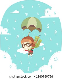 Illustration of a Kid Boy with Parachute Skydiving Among the Alphabet and Numbers