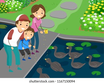 Illustration Of A Kid Boy With Parents Feeding Ducks In The Park