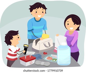 Illustration Of A Kid Boy With Parents Preparing An Emergency Kit