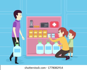 Illustration of a Kid Boy with Parents Stocking Up for the Hurricane