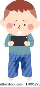 Ilustración de un niño orinándose solo, no puede dejar de jugar un juego en celulares