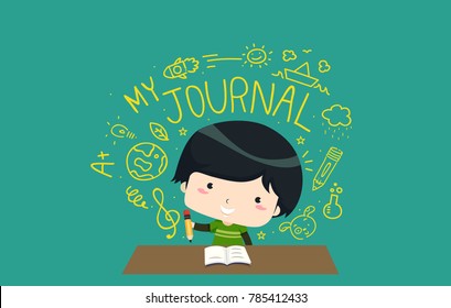 Illustration Of A Kid Boy With A Pencil And Paper, With Different Doodles, Writing A Journal