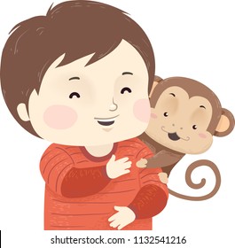 Illustration eines kleinen Jungen mit einem von hinten umarmenden Affen