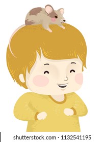 Illustration of a Kid Boy with Pet Mouse on Top of Hair