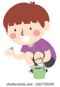 Illustration Of A Kid Boy Picking Up And Collecting Rocks And Stones And Placing Them Inside A Pail