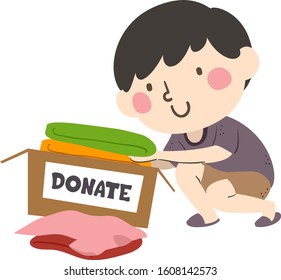 Illustration of a Kid Boy Piling His Used Clothes Inside a Donation Box