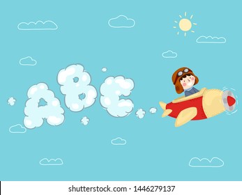 Illustration of a Kid Boy Pilot on a Plane Flying in the Sky with ABC Clouds Forming Behind