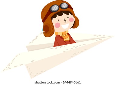 Illustration Of A Kid Boy Pilot Sitting On A Paper Plane Flying In The Sky