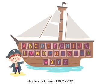 Illustration of a Kid Boy with Pirate Costume and Presenting His Ship with the Alphabet