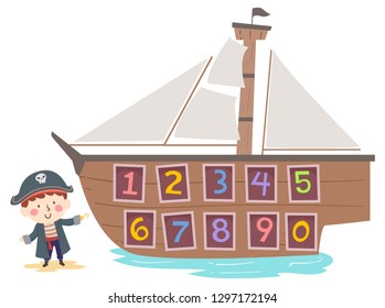 Illustration of a Kid Boy with Pirate Costume Presenting His Ship with Numbers from One to Zero