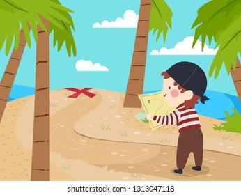 Illustration Of A Kid Boy Pirate Holding An Open Map And Following A Trail With X Mark For Treasure