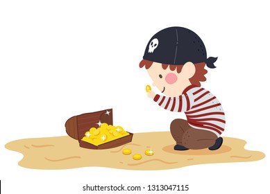 Illustration of a Kid Boy Pirate Looking at and Inspecting a Gold Coin from a Treasure Chest He Found Buried Under the Sand