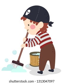 Illustration eines Kid-Boy-Pirate-Moppen und Reinigen des Fußbodens mit einem Eimer voller Seifenwasser