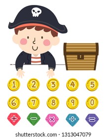 Illustration of a Kid Boy Pirate with a Treasure Chest with Coin Numbers and Jewel Math Operators