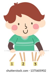 Illustration eines Kleinkindes, der die richtige Anzahl von Holzstäben auf die Zahlen 123 setzt