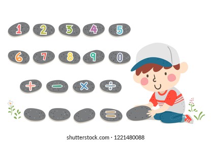 Illustration of a Kid Boy Placing Stones with Math Elements from Numbers to Arithmetic Operators